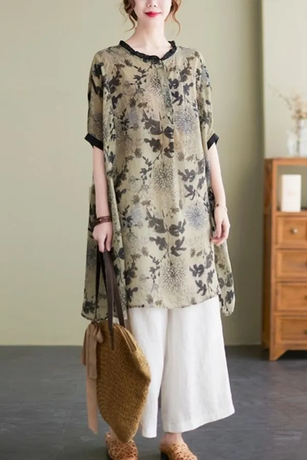 Floral Printing Round Neck Blouse