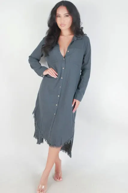 FRAYED HEM BUTTON DOWN DRESS