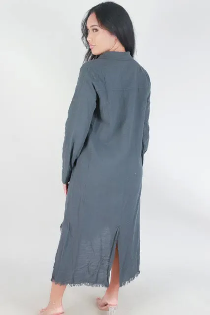 FRAYED HEM BUTTON DOWN DRESS