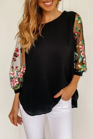 Ginny Embroidered Round Neck Three-Quarter Sleeve T-Shirt