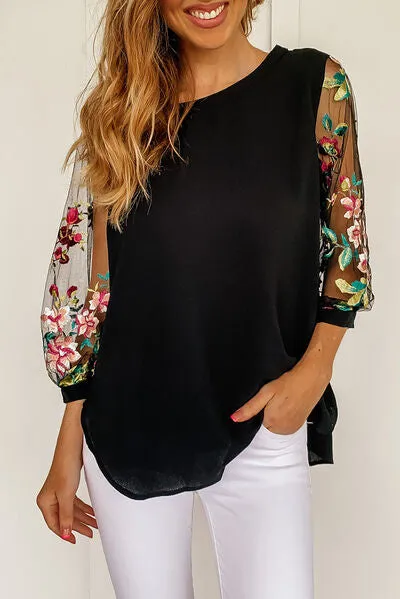 Ginny Embroidered Round Neck Three-Quarter Sleeve T-Shirt