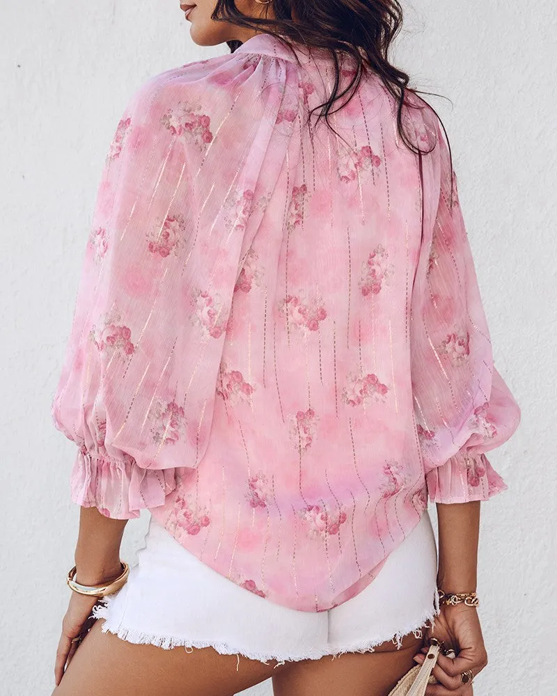 Glitter Lurex Floral Print Long Sleeve Blouse Front Button Casual Top