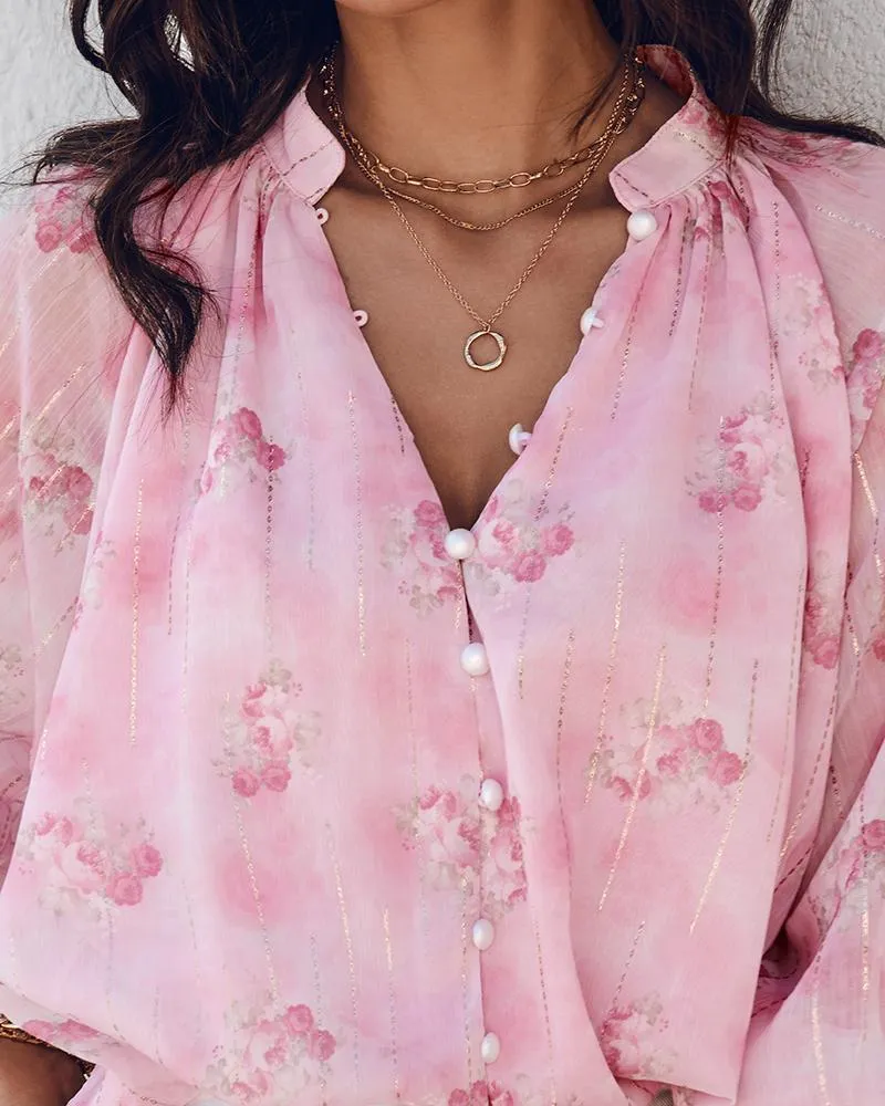 Glitter Lurex Floral Print Long Sleeve Blouse Front Button Casual Top