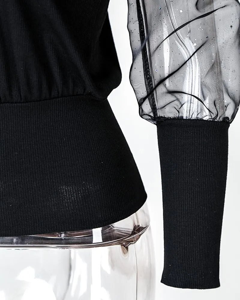 Glitter Puff Sleeve Sheer Mesh Top