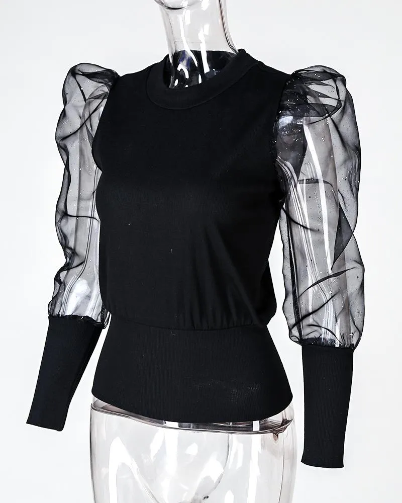 Glitter Puff Sleeve Sheer Mesh Top