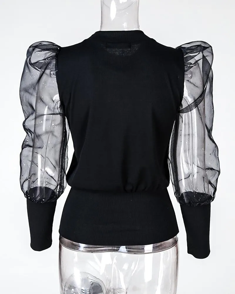 Glitter Puff Sleeve Sheer Mesh Top