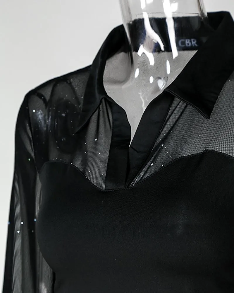 Glitter Sheer Mesh Lantern Sleeve Shirt