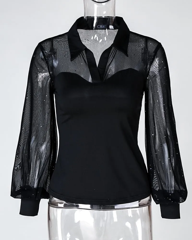 Glitter Sheer Mesh Lantern Sleeve Shirt