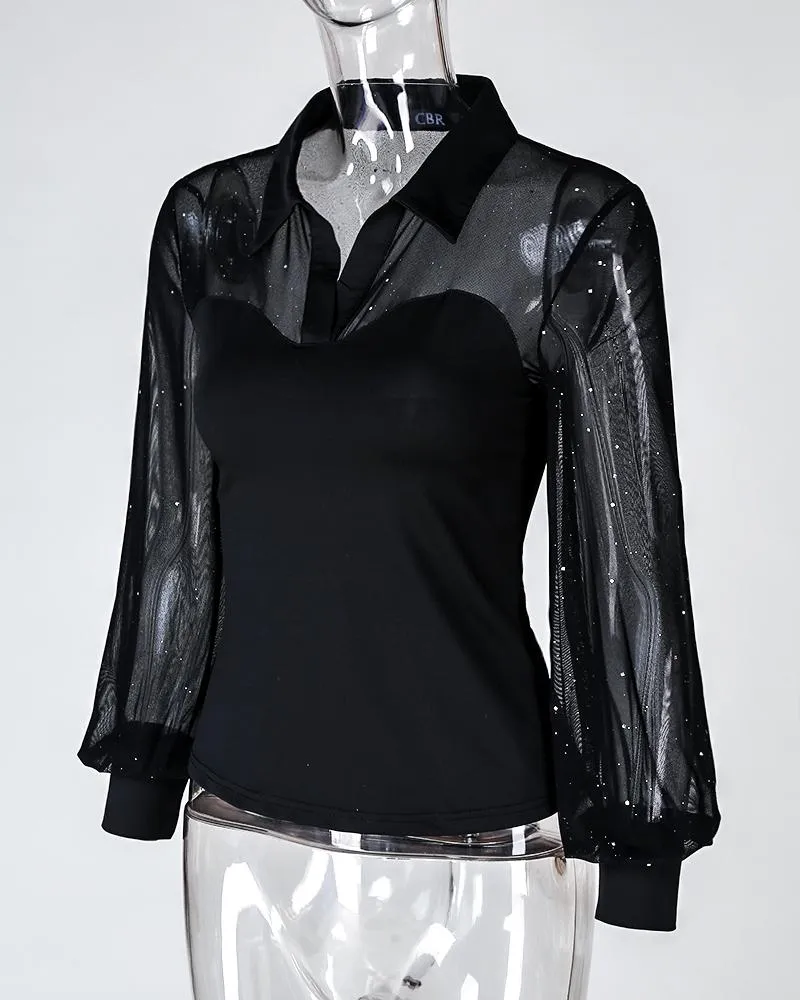 Glitter Sheer Mesh Lantern Sleeve Shirt