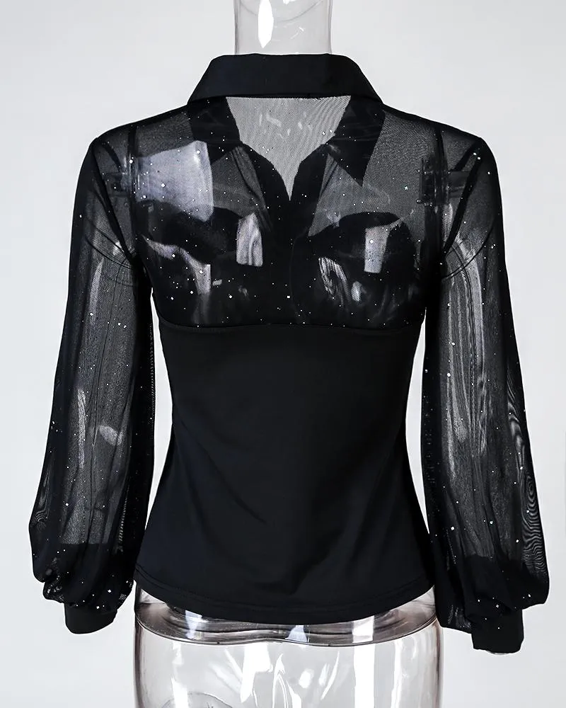 Glitter Sheer Mesh Lantern Sleeve Shirt
