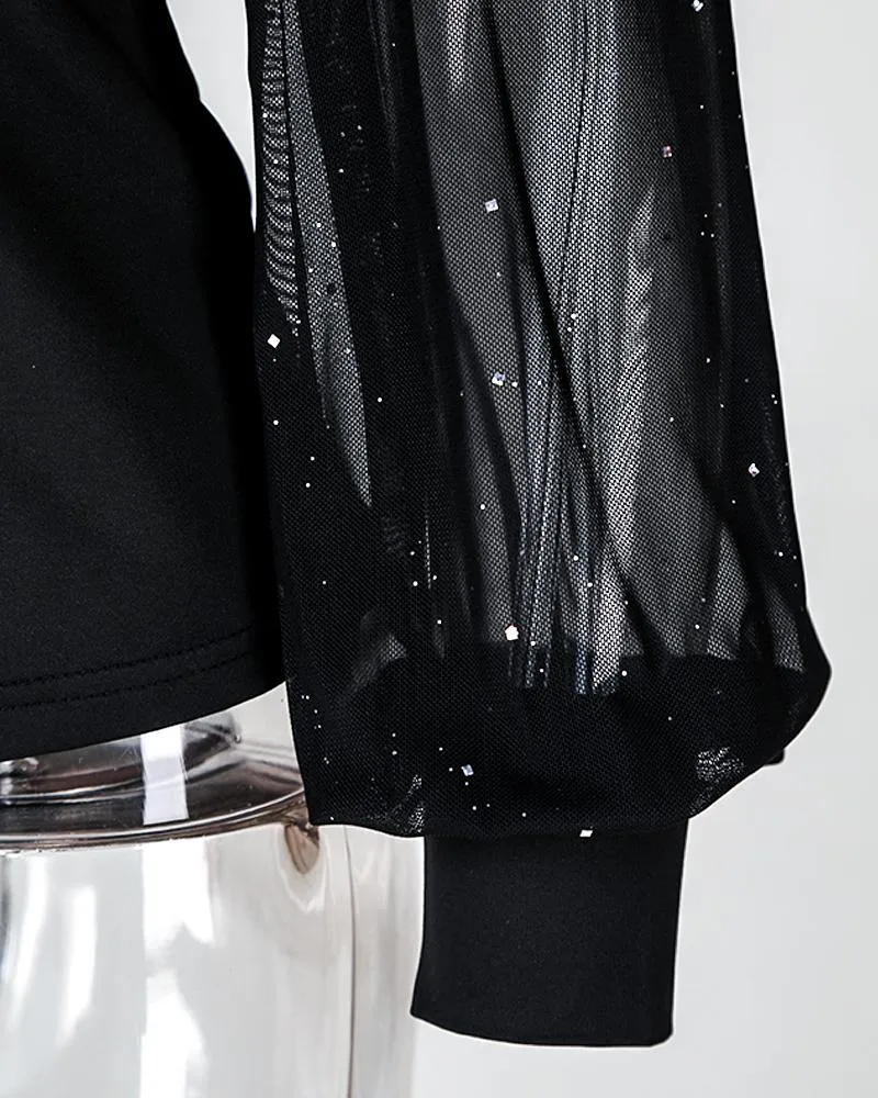 Glitter Sheer Mesh Lantern Sleeve Shirt