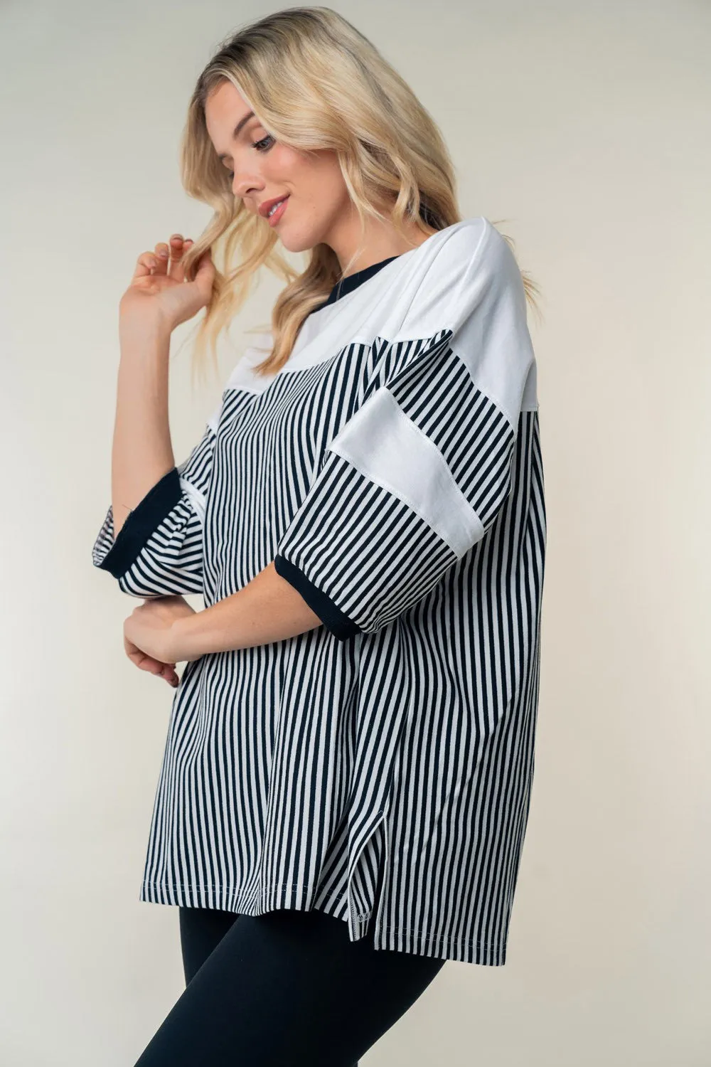 Gwen Full Size Striped Contrast Round Neck Top