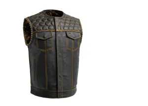 HL11049YELLOW Men's No Collar Club Style Leather Vest Honey Comb Stitch