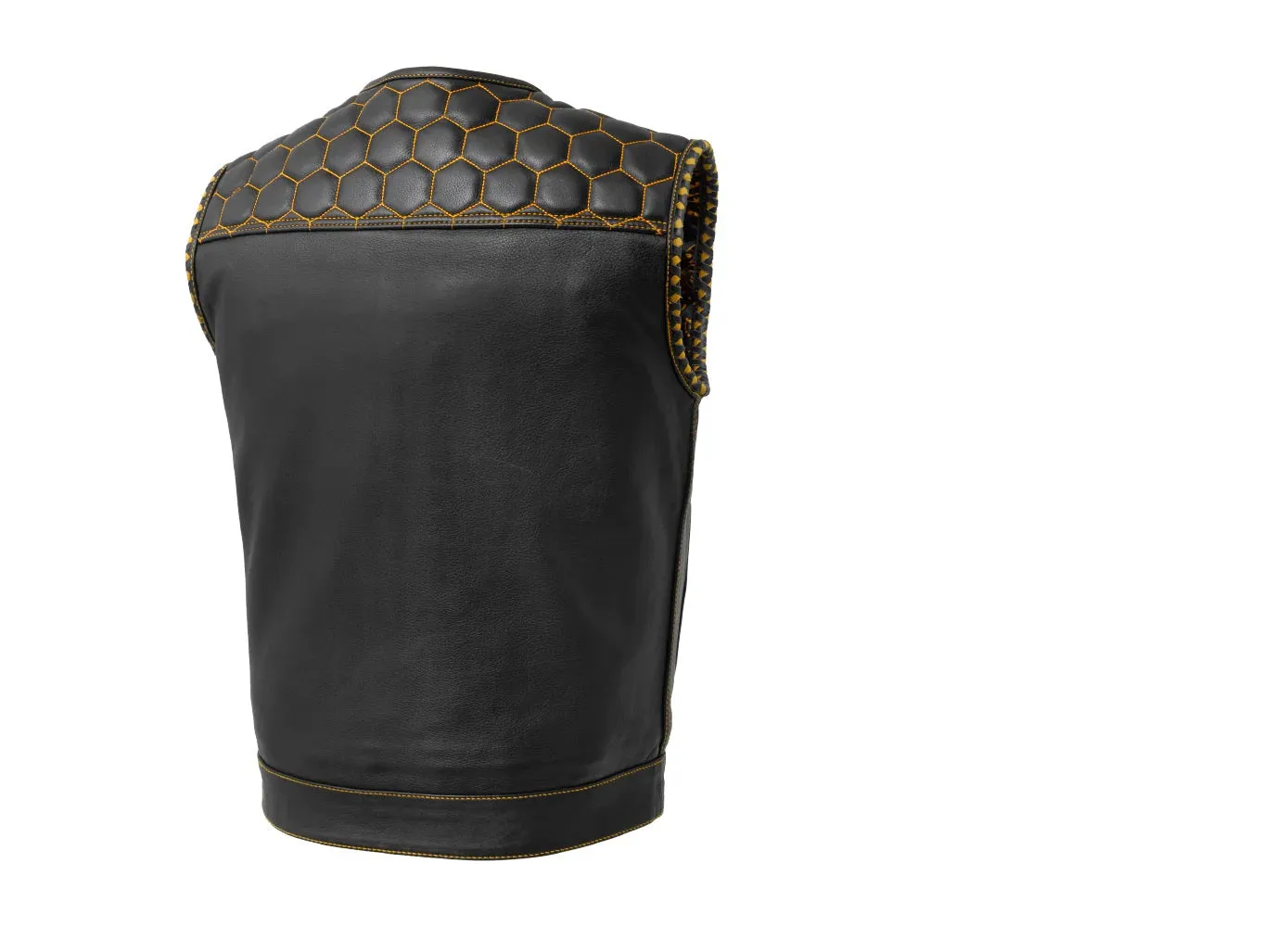 HL11049YELLOW Men's No Collar Club Style Leather Vest Honey Comb Stitch