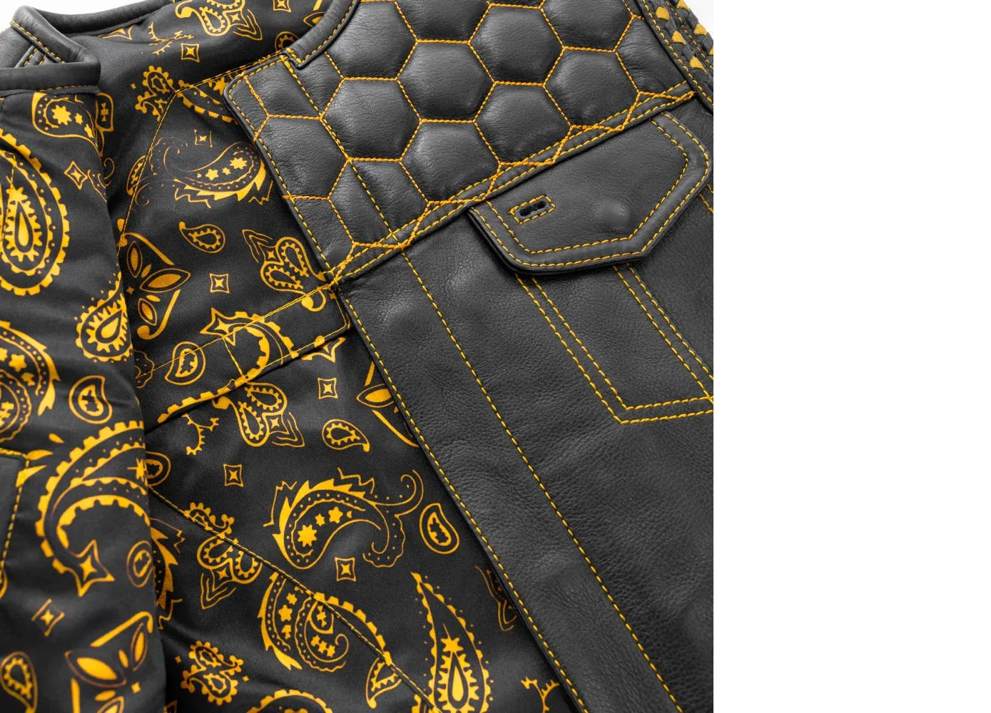 HL11049YELLOW Men's No Collar Club Style Leather Vest Honey Comb Stitch