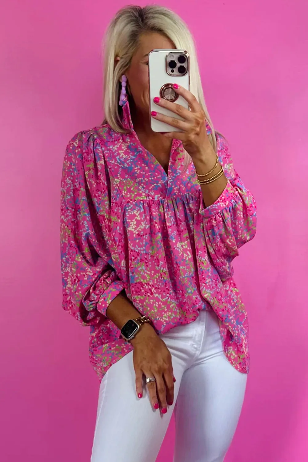 KaleaBoutique Abstract Print Collared V Neck Babydoll Blouse