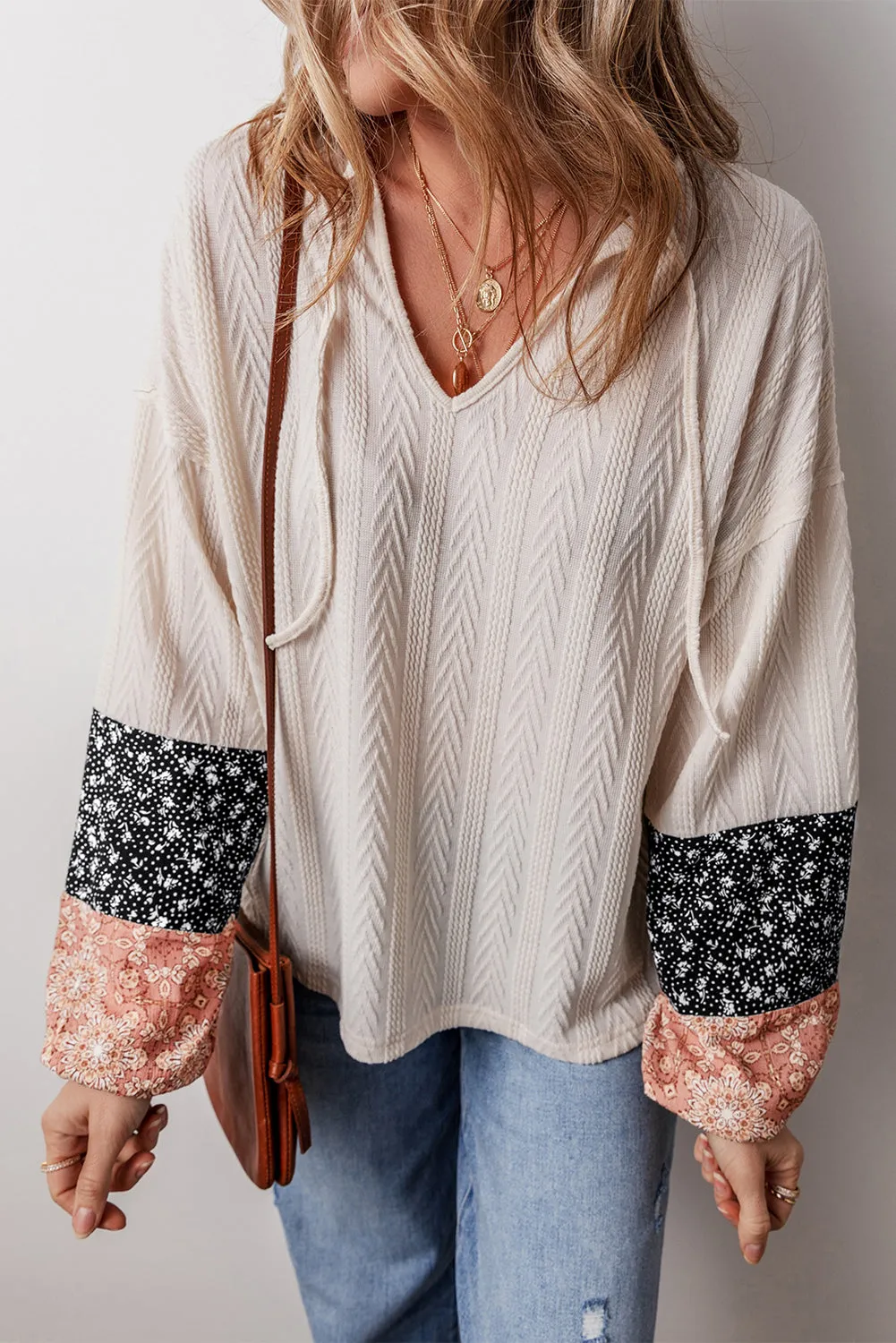 KaleaBoutique Floral Patchwork Textured Knit Drawstring V Neck Blouse