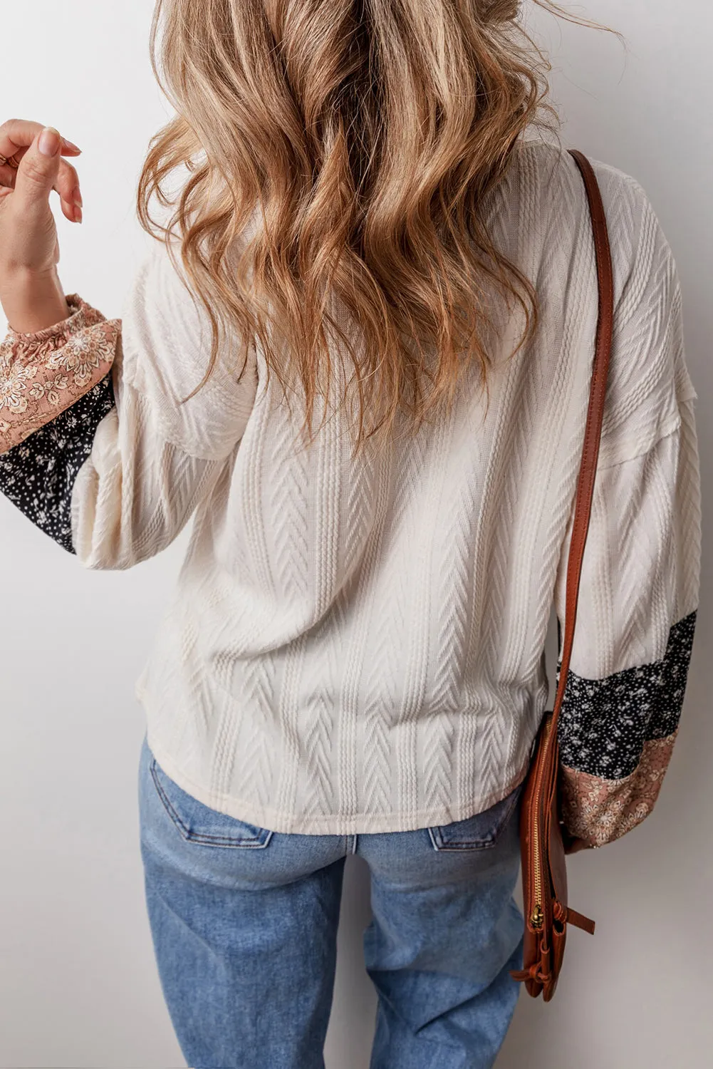 KaleaBoutique Floral Patchwork Textured Knit Drawstring V Neck Blouse