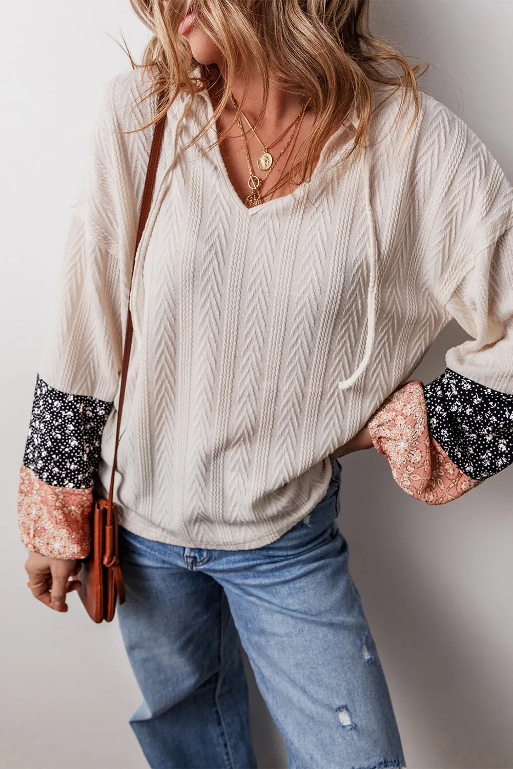KaleaBoutique Floral Patchwork Textured Knit Drawstring V Neck Blouse