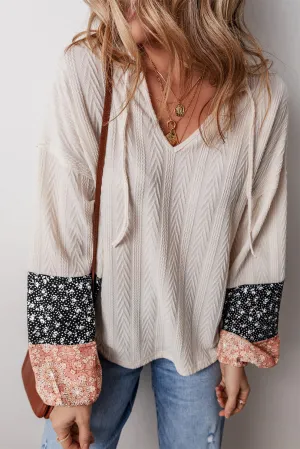 KaleaBoutique Floral Patchwork Textured Knit Drawstring V Neck Blouse