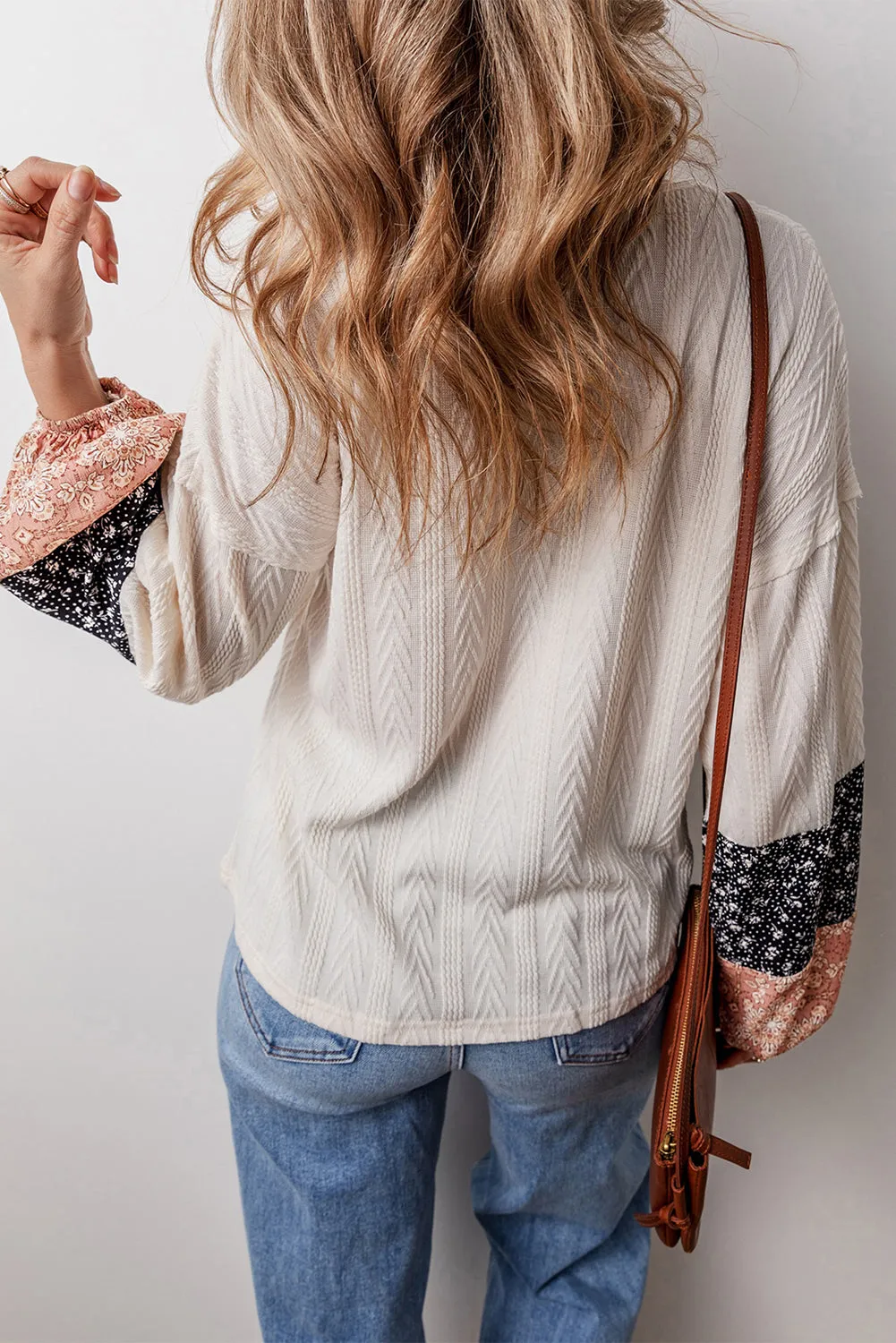 KaleaBoutique Floral Patchwork Textured Knit Drawstring V Neck Blouse