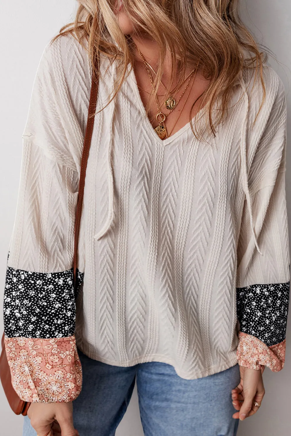 KaleaBoutique Floral Patchwork Textured Knit Drawstring V Neck Blouse