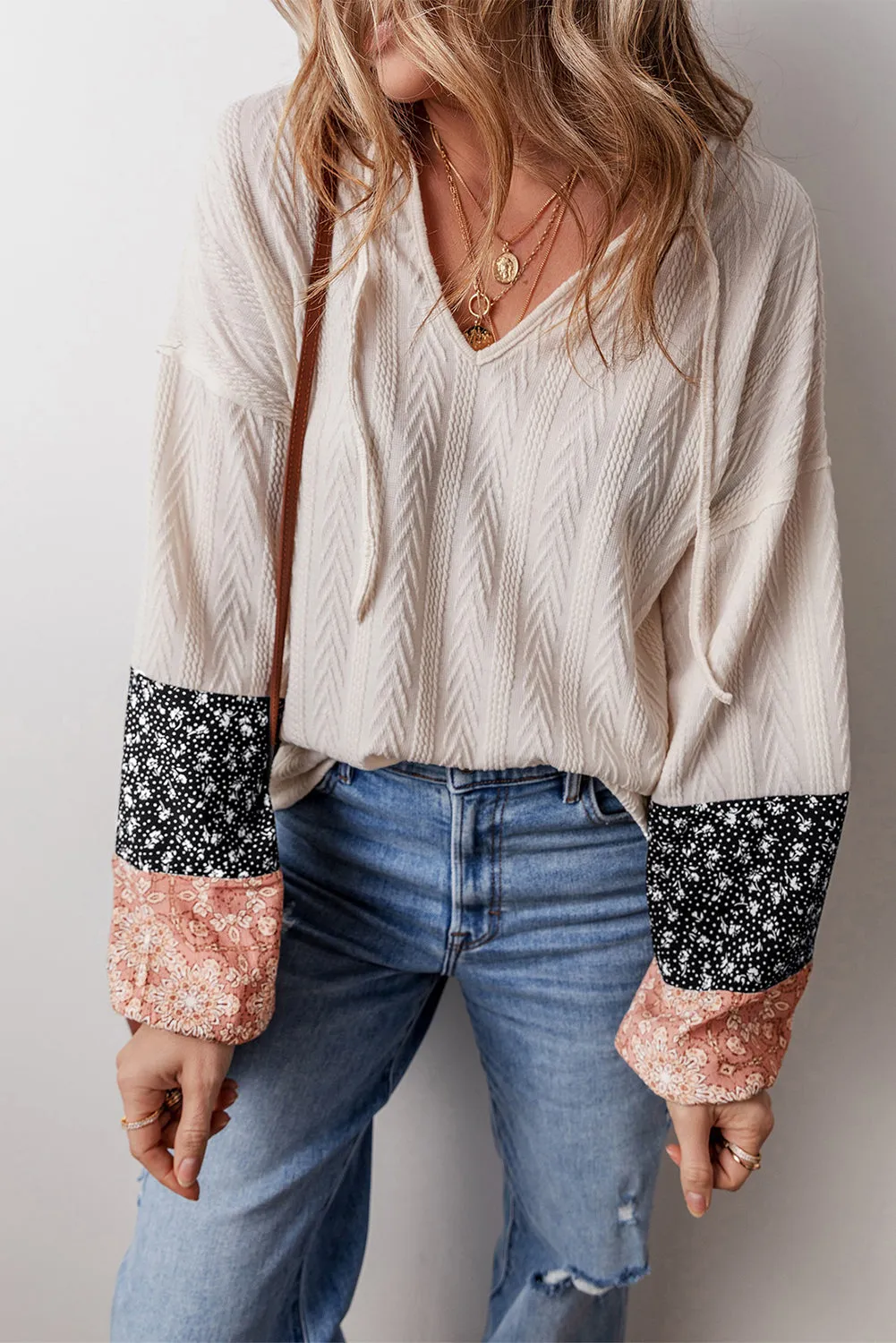 KaleaBoutique Floral Patchwork Textured Knit Drawstring V Neck Blouse