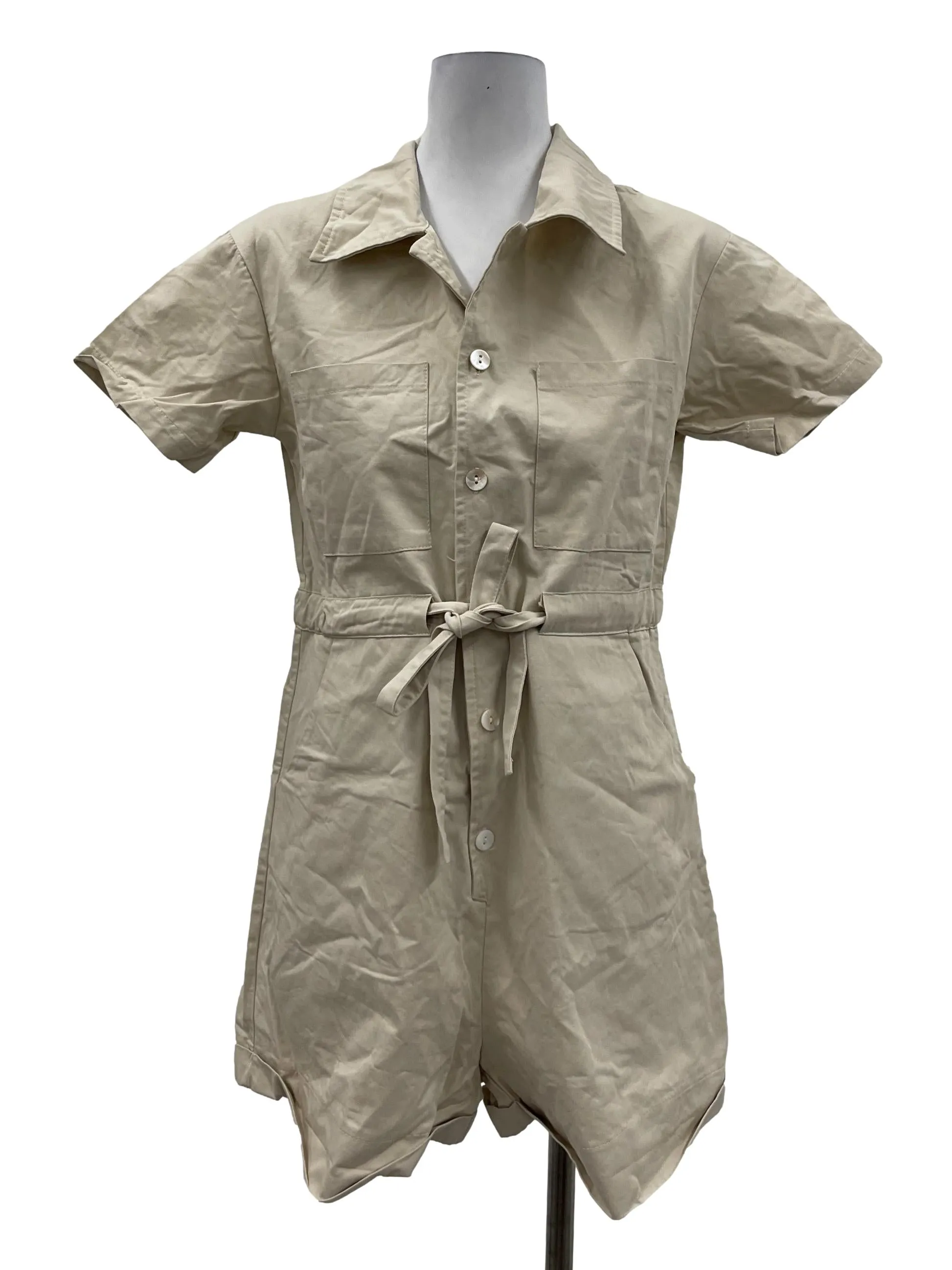 Khaki Nude Button Down Romper