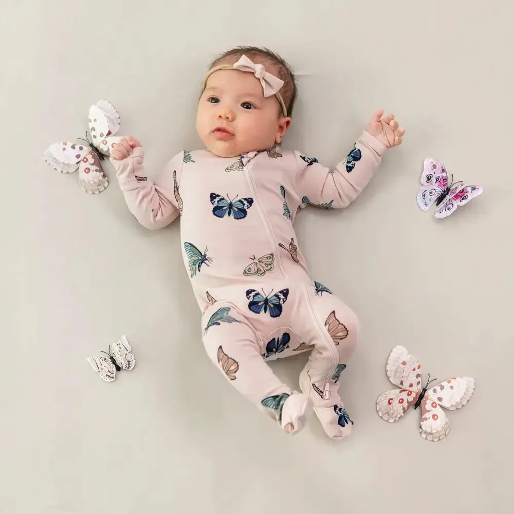 Kyte Baby Printed Zippered Footie in Blush Butterfly