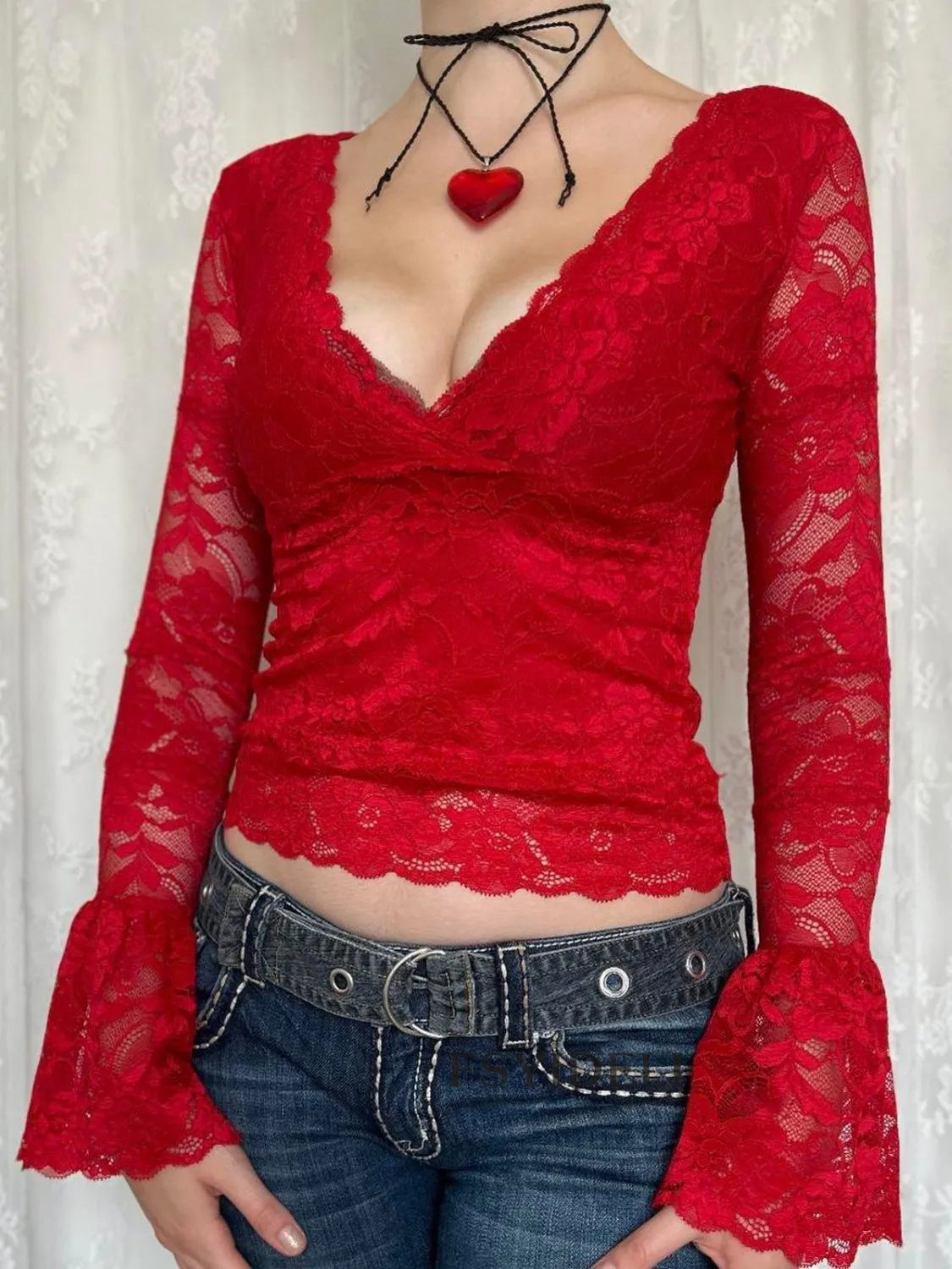 Lace Surplice Long Sleeve Blouse S-XL