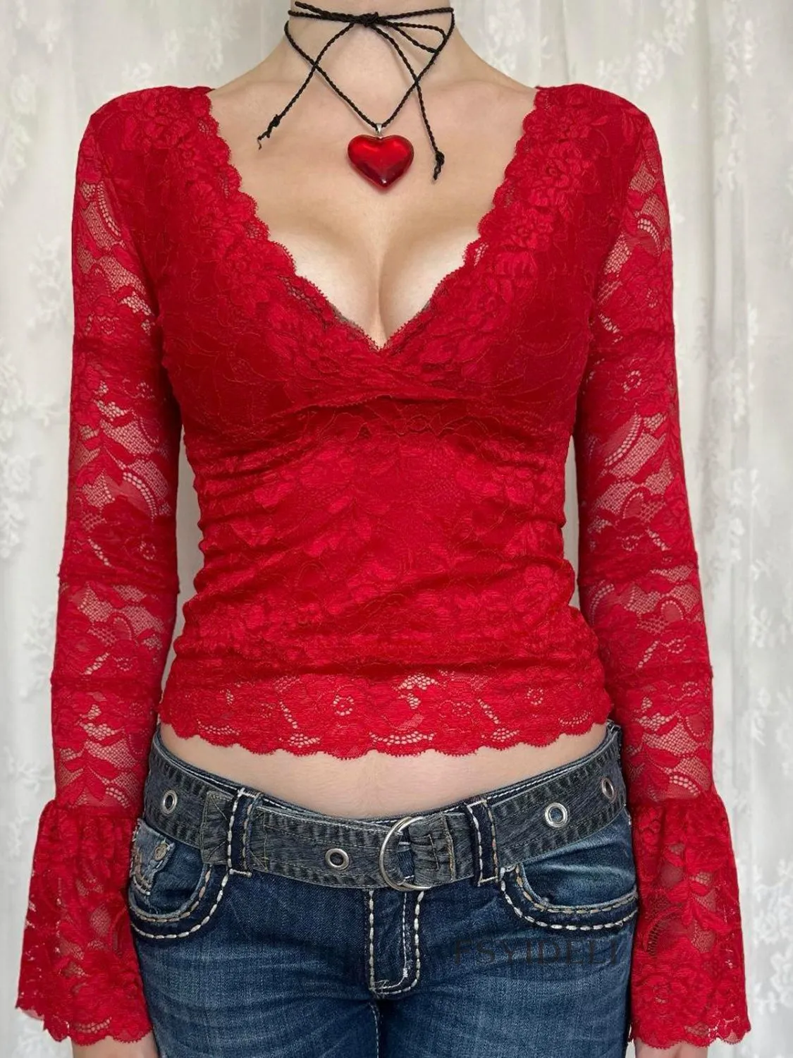 Lace Surplice Long Sleeve Blouse S-XL