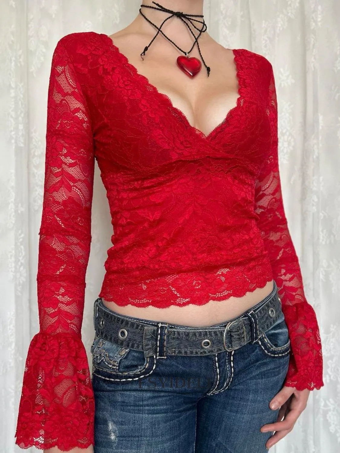 Lace Surplice Long Sleeve Blouse S-XL
