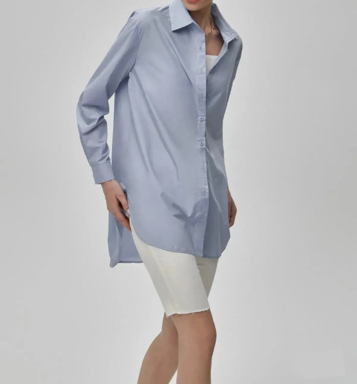 Ladies High Low Collar Shirt Blue