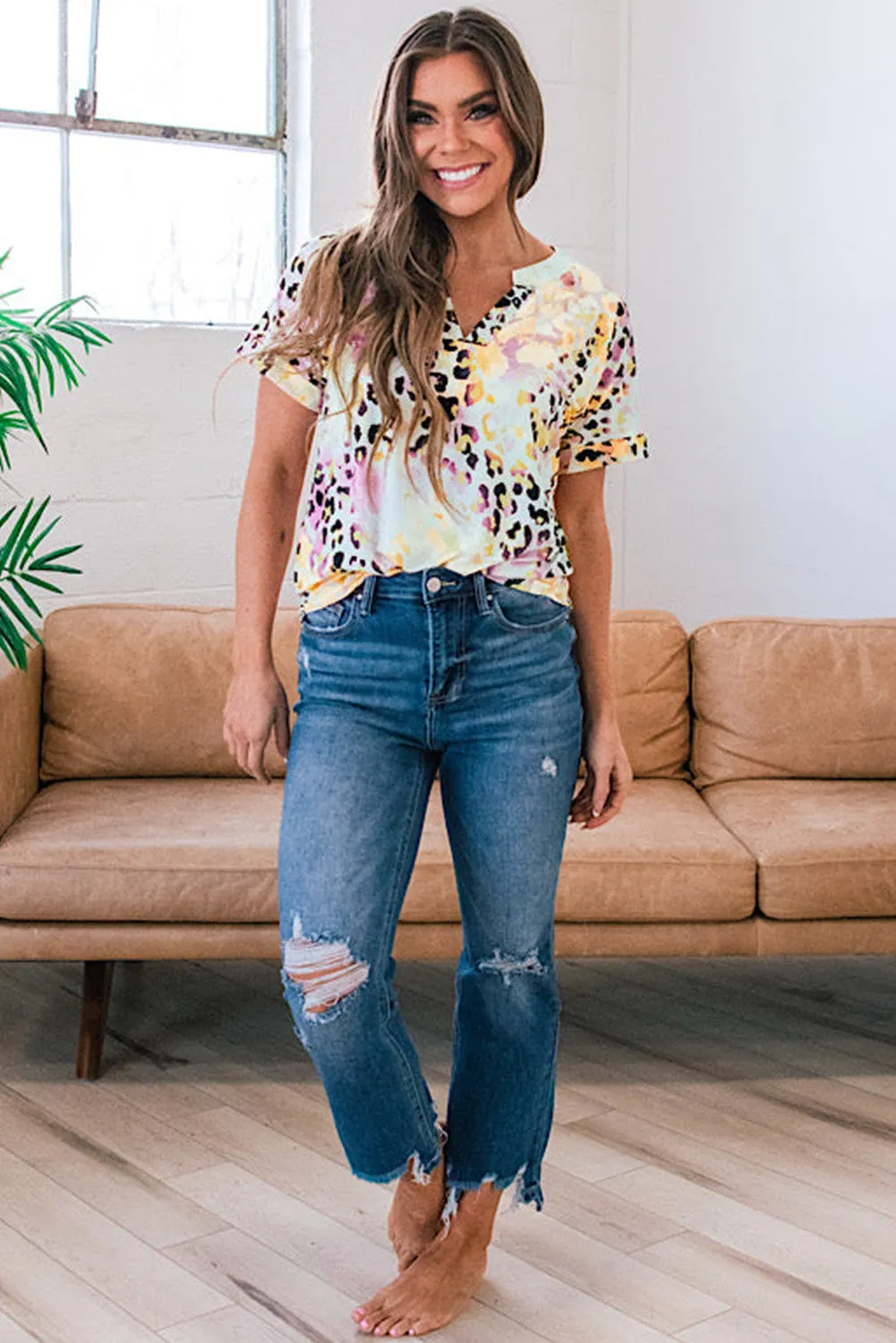 Leopard Dyed Notch V Neck Blouse
