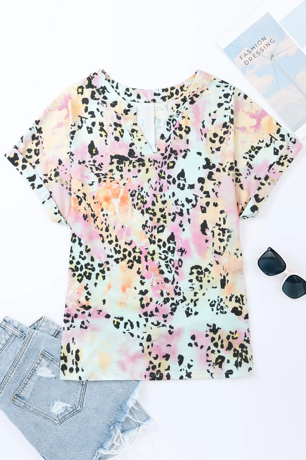 Leopard Dyed Notch V Neck Blouse