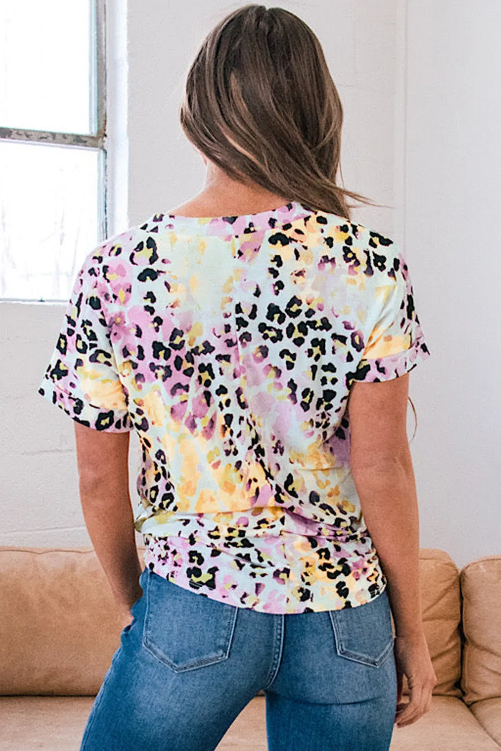 Leopard Dyed Notch V Neck Blouse