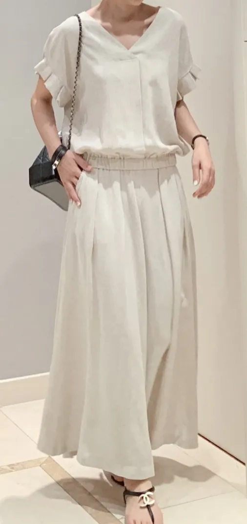 Linen V Neck Blouse with Banded Waist
