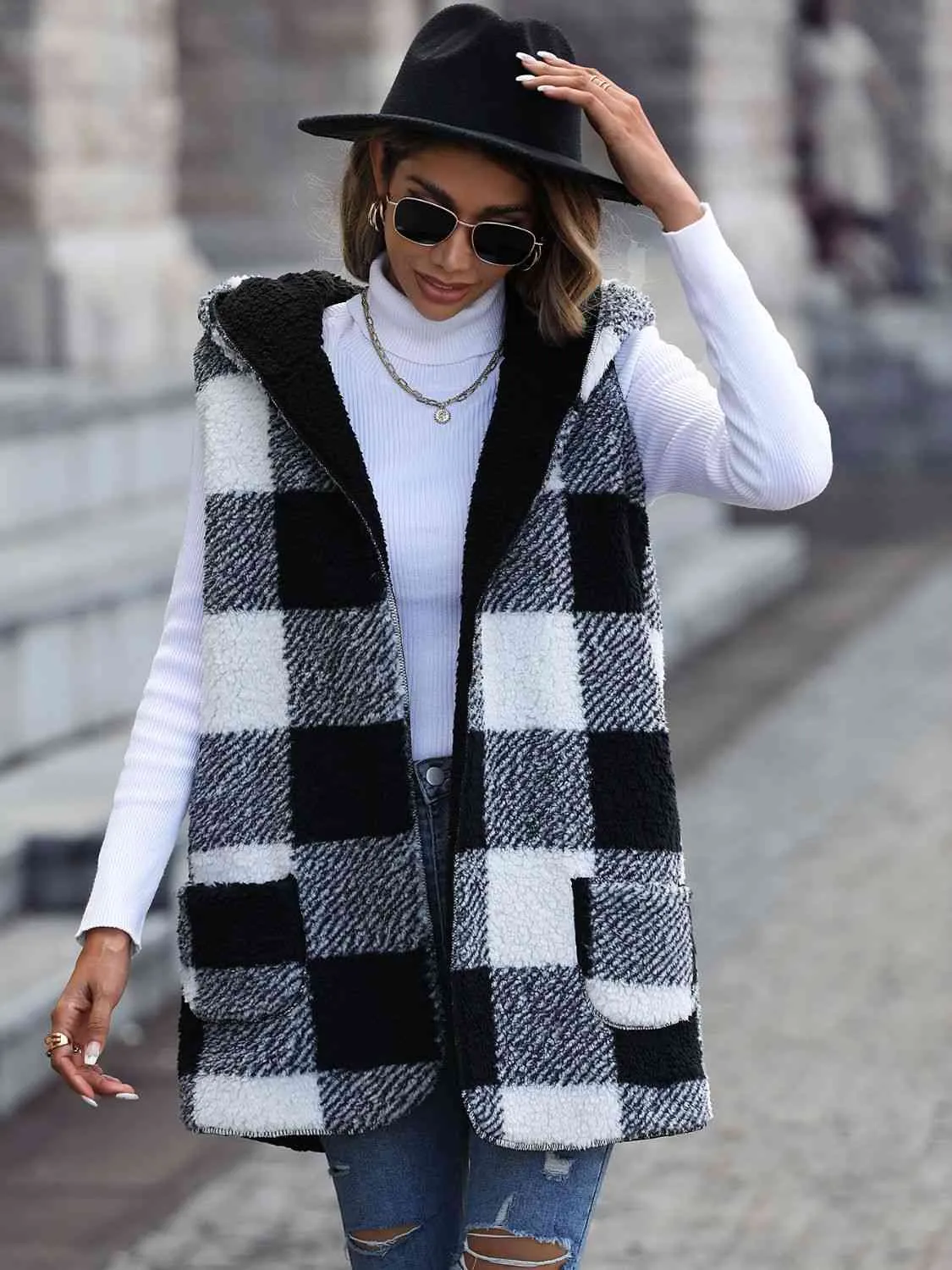 Maisy Plaid Hooded Vest with Pockets