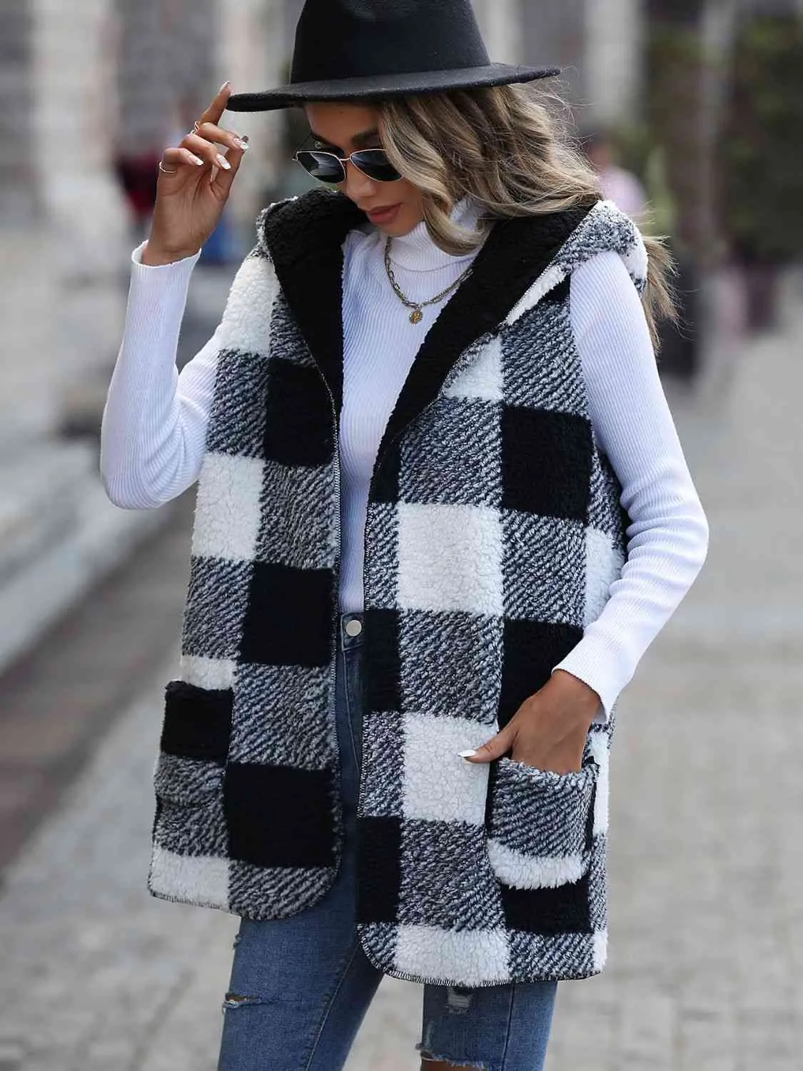 Maisy Plaid Hooded Vest with Pockets