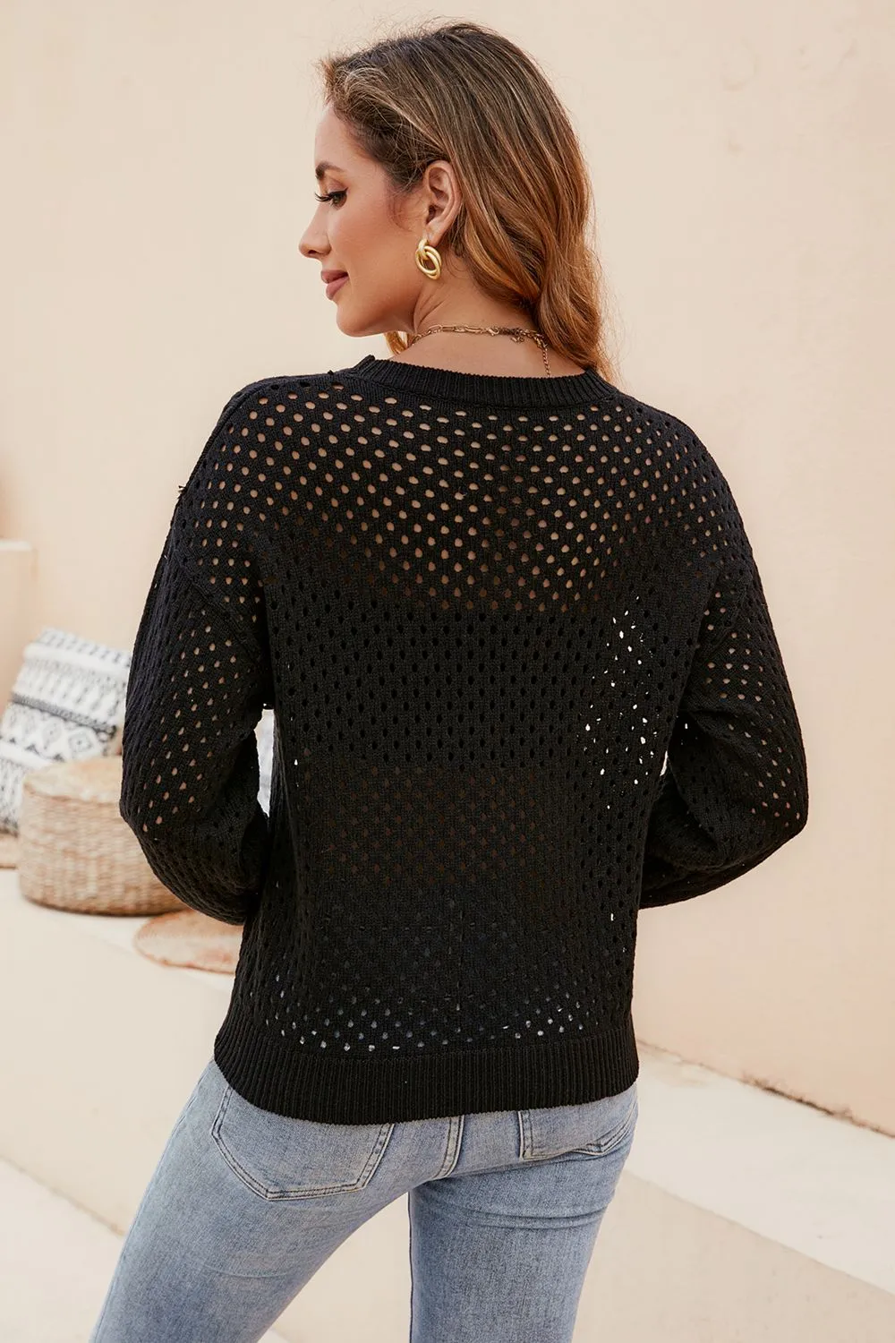 Mariam Round Neck Openwork Dropped Shoulder Knit Top