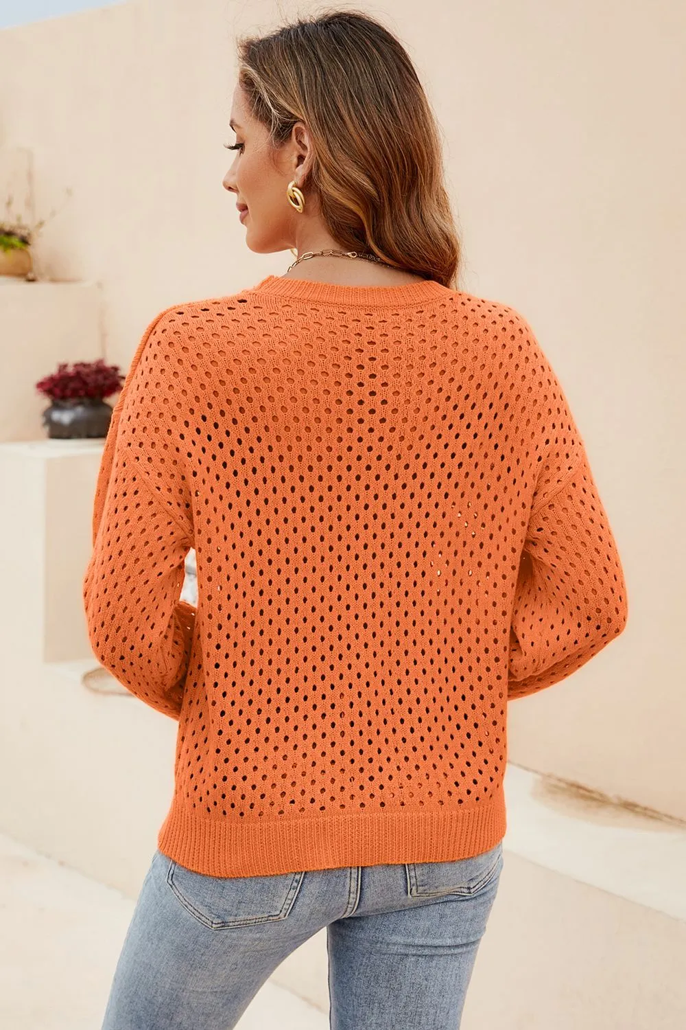 Mariam Round Neck Openwork Dropped Shoulder Knit Top