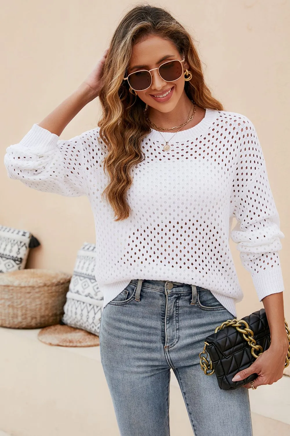 Mariam Round Neck Openwork Dropped Shoulder Knit Top