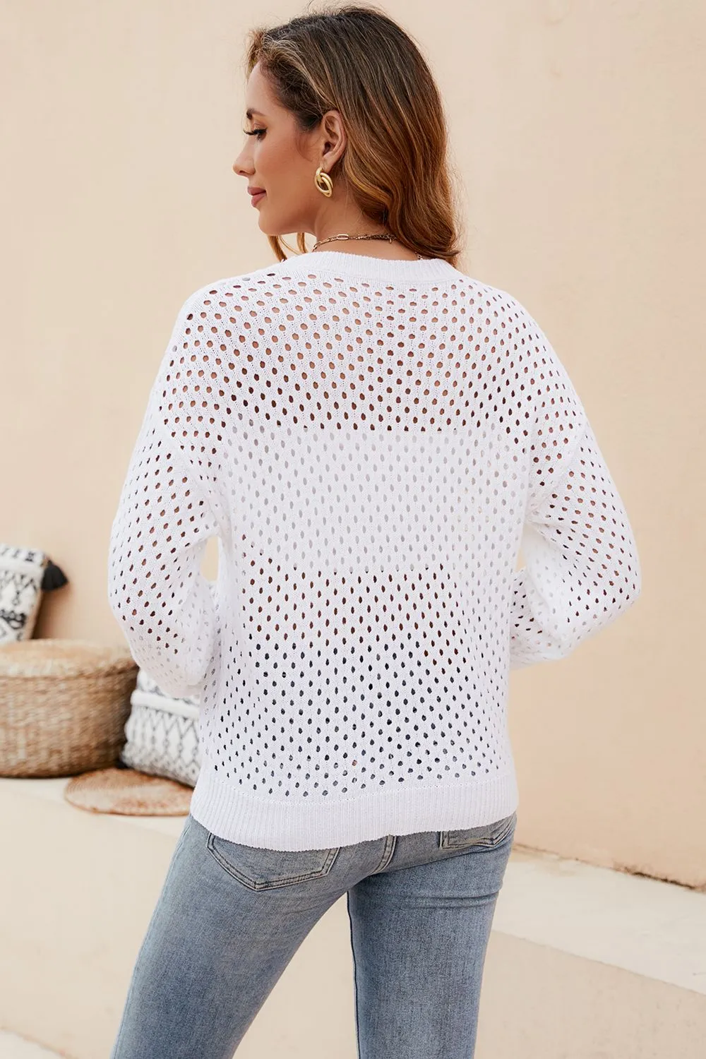 Mariam Round Neck Openwork Dropped Shoulder Knit Top