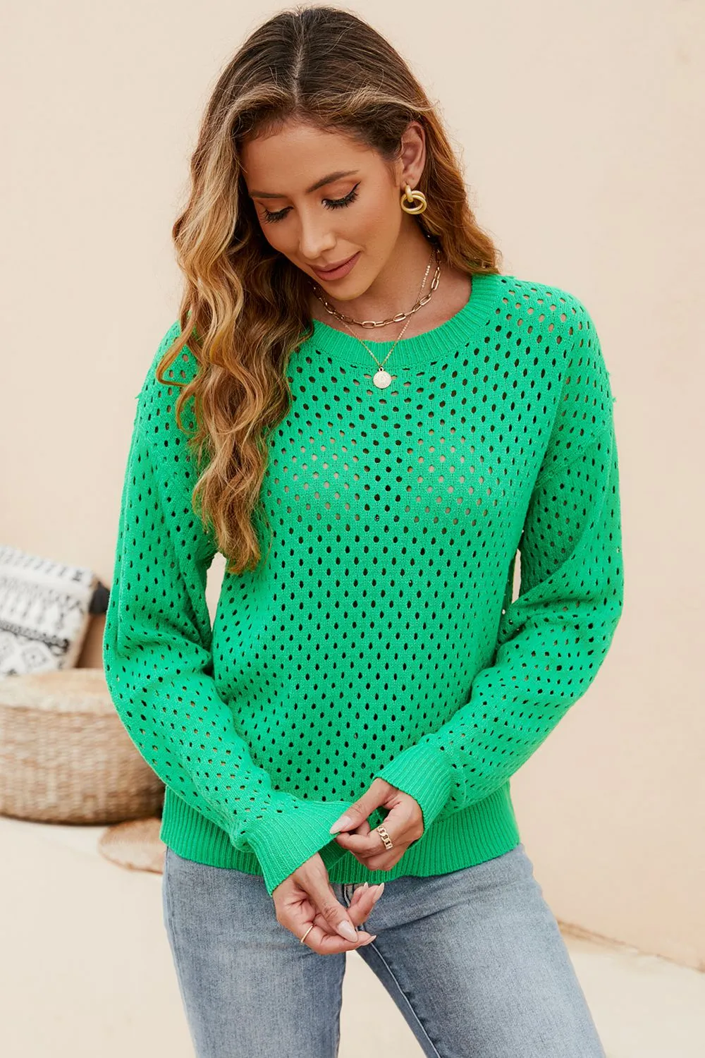 Mariam Round Neck Openwork Dropped Shoulder Knit Top