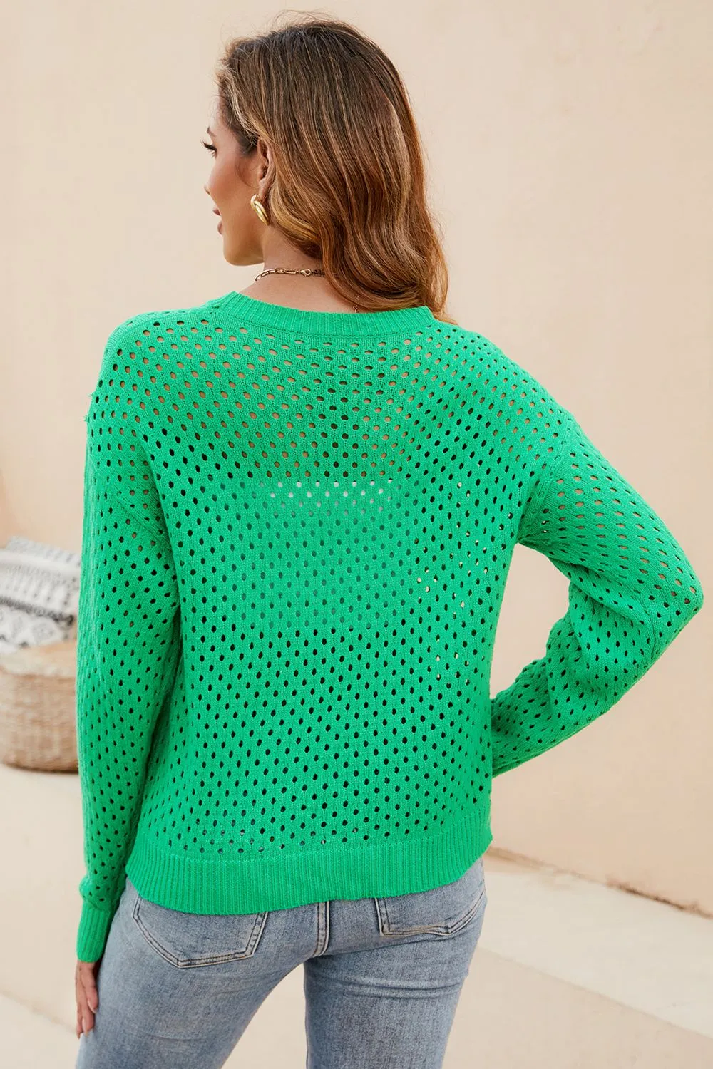 Mariam Round Neck Openwork Dropped Shoulder Knit Top