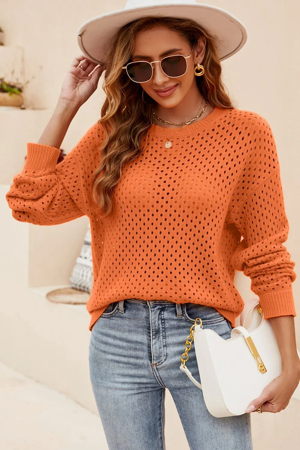 Mariam Round Neck Openwork Dropped Shoulder Knit Top