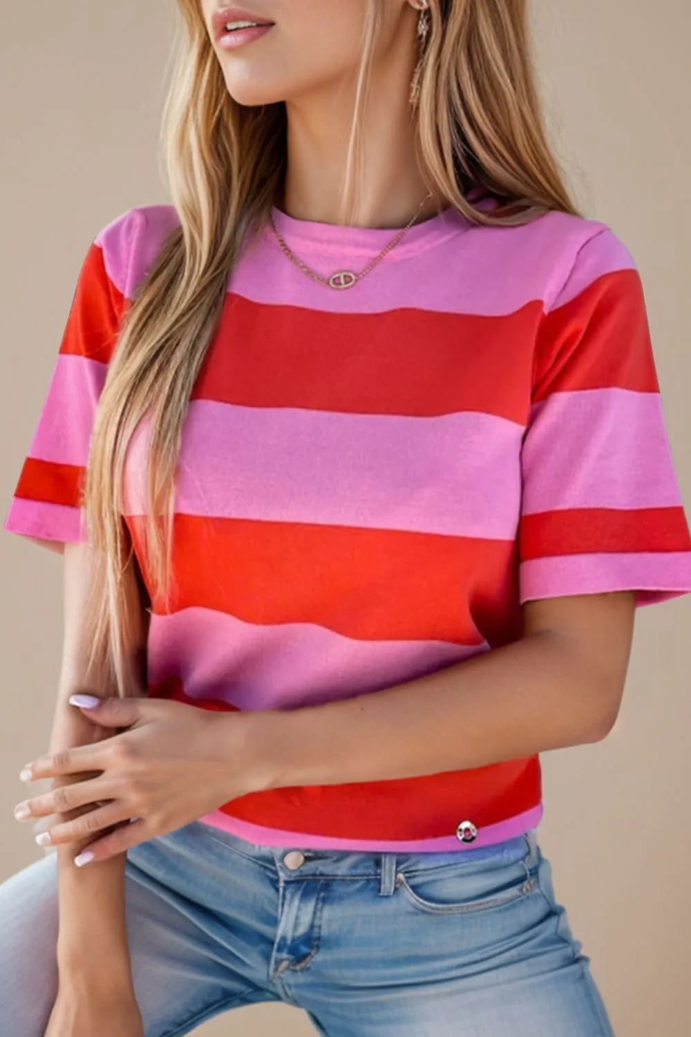 Meggie Color Block Round Neck Short Sleeve T-Shirt