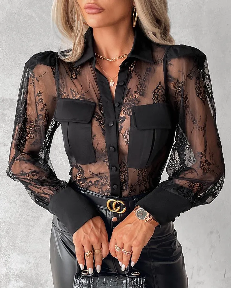 Mesh Lace Detail Buttoned Blouse
