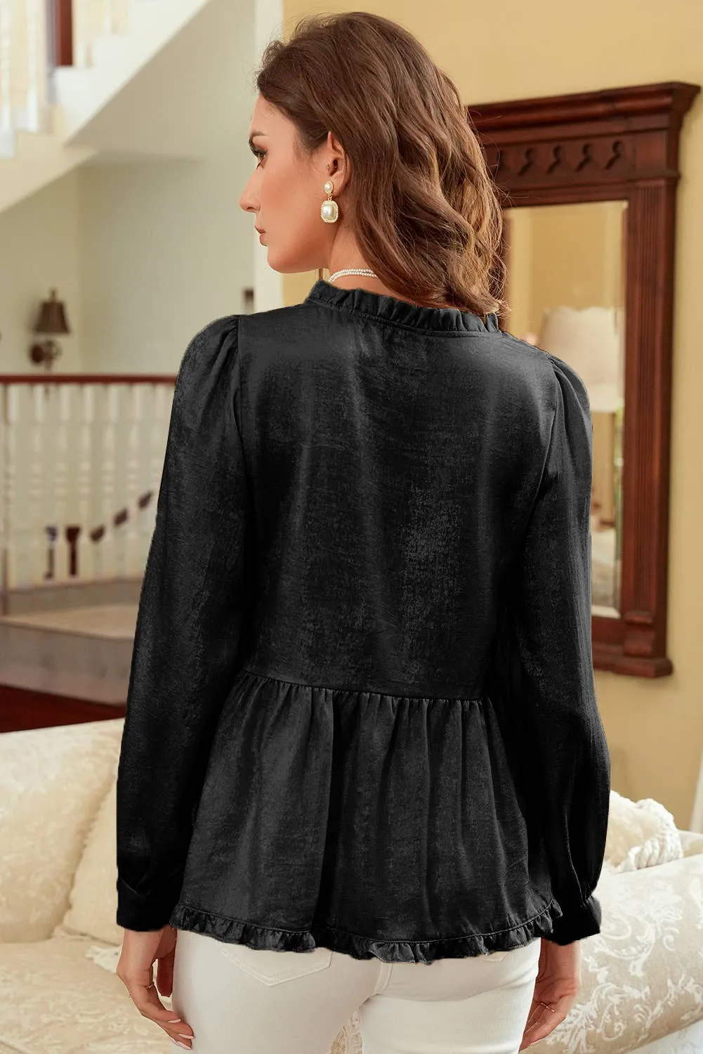 Metallic Frilled V Neck Puff Sleeve Babydoll Blouse: Black 1 The Woman