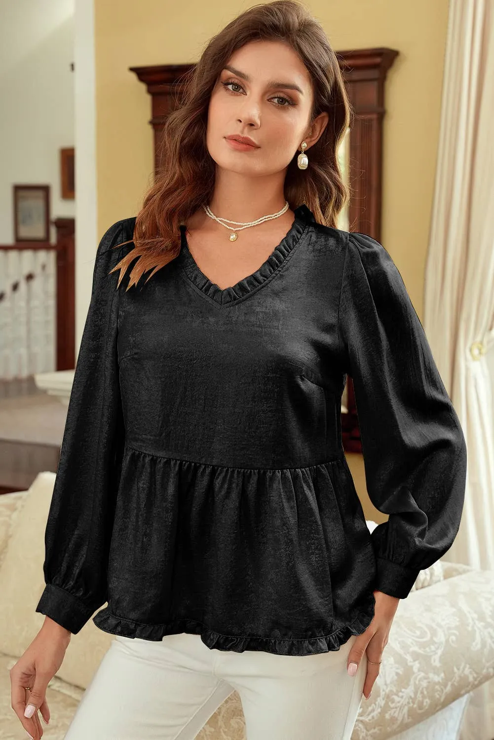 Metallic Frilled V Neck Puff Sleeve Babydoll Blouse: Black 1 The Woman